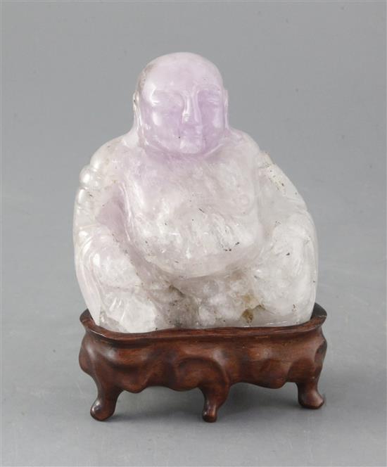 A Chinese amethyst quartz figure of Budai, height 14.5cm including wood stand